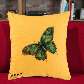 Perna Decorativa Fluture Albastru Satin cu Pete Aurii, 40x40 cm, Galben, Husa Detasabila, Perna Inclusa, BEKZ®