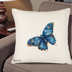 Perna Decorativa Fluture Albastru Satin cu Pete Aurii, 40x40 cm, Crem Reliefat, Husa Detasabila, Perna Inclusa, BEKZ®