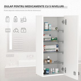 Dulapior de Perete pentru Medicamente cu Încuietoare, 5 Niveluri si Rafturi Reglabile, din Lemn si Sticla, Alb 30x20x70cm Kleankin | Aosom Romania
