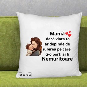 Cadou pentru Mama - Perna Personalizata Mama Nemuritoare cu Bebelus Lineart, 40x40 cm, Alb Pufos, Husa Detasabila, Perna Inclusa, BEKZ®