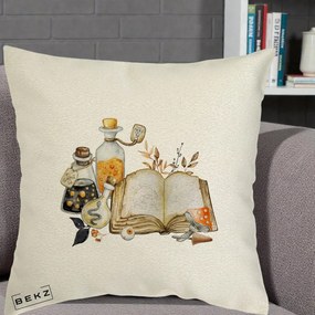 Perna Decorativa Grimoire Vrajitoare si Filtre Magice Halloween, 40x40 cm, Ecru, Husa Detasabila, Perna Inclusa, BEKZ®