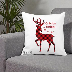 Perna Decorativa Ren Tartan Craciun Fericit, 40x40 cm, Alba Mata, Husa Detasabila, Perna Inclusa, BEKZ®