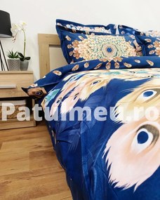 Lenjerie de pat cu 2 fete, imprimeu 3D, bumbac tip finet, pat 2 persoane, 6 piese, albastru, FNJD-10