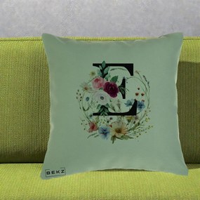 Cadou Personalizat - Perna Personalizata Monogram Litera E cu Flori Acuarela, 40x40 cm, Verde, Husa Detasabila, Perna Inclusa, BEKZ®