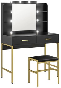 HOMCOM Masă de Machiaj cu Oglindă, 10 Becuri și Taburet Căptușit, 90x45x132,5 cm, Negru | Aosom Romania