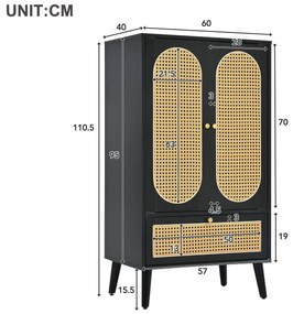Comodă compactă, design din ratan, 2 uși, 1 sertar, 60×40×110,5 cm, Negru