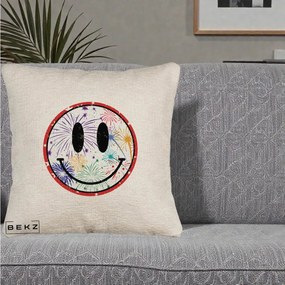 Perna Decorativa Smiley Face cu Artificii Multicolore, 40x40 cm, Bej Canapea, Husa Detasabila, Perna Inclusa, BEKZ®