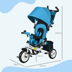 HOMCOM Triciclu pentru copii, Bicicleta pentru copii, Cos pe spate, Suport pentru pahar, Parasolar, Metal, Albastru | Aosom Romania