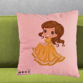 Perna Decorativa Printesa Bella Rochie Aurie, 40x40 cm, Roz, Husa Detasabila, Perna Inclusa, BEKZ®