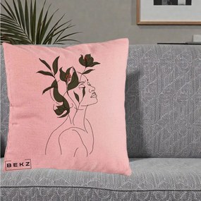 Perna Decorativa Portret Feminin Crin Verde, 40x40 cm, Roz, Husa Detasabila, Perna Inclusa, BEKZ®