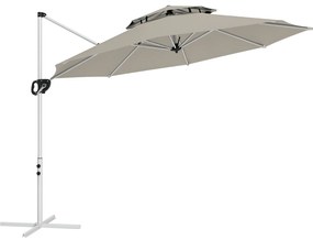 Outsunny Umbrelă suspendată 3 x 2,5 m cu manivelă, bază în formă de cruce, inclinabilă și rotativă la 360°, dublu acoperiș, gri | Aosom Romania