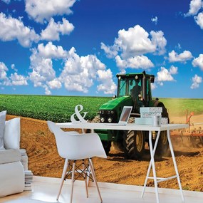 Fototapet - Tractor verde pe teren (254x184 cm)