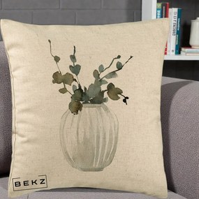 Perna Decorativa Vaza cu Eucalipt Watercolor, 40x40 cm, Bej, Husa Detasabila, Perna Inclusa, BEKZ®