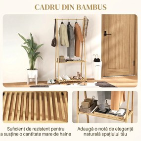HOMCOM Cuier din Bambus cu Raft pentru Încălțăminte, 2 Cârlige, Cuier Mobil pentru Hol, Sufragerie, Natural | Aosom Romania