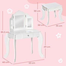 HOMCOM Coafatoare pentru Copii cu Taburet, oglindă triptică și Sertar Culisant - Dimensiuni Coafatoare 63L x 40l x 85,5H cm - Alb Acrilic | Aosom Romania