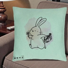 Perna Decorativa Iepuras Kawaii cu Cosulet Floral, 40x40 cm, Verde Menta, Husa Detasabila, Perna Inclusa, BEKZ®