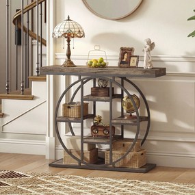 HOMCOM Masă consolă industrială cu rafturi și cadru circular din oțel, 100 x 30 x 81,5 cm, maro rustic | Aosom Romania