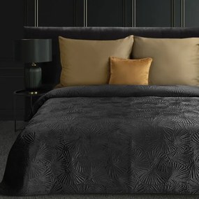 Cuvertură de pat neagră din catifea fină cu imprimare de frunze de gingko Lăţime: 220 cm | Lungime: 240 cm