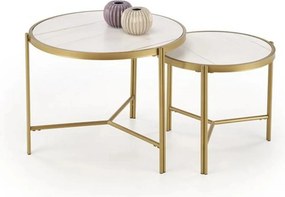 Set 2 masute cafea FATIMA, alb cu efect de marmura/auriu, ceramica/met