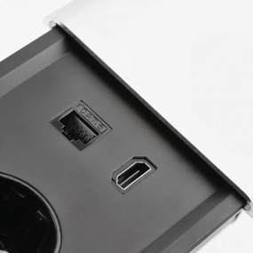 Priza incorporabila dreptunghiulara, 2 prize schuko, USB A+C, priza RJ45 cat 6, HDMI, cablu 1.5 m, capac magnetic, argintiu, GTV