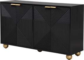 Bufet cu patru uși gravate, mânere metalice și picioare sferice, mult spațiu de depozitare, 120x35x71,5 cm, Negru
