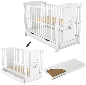 Patut din lemn masiv 2 in 1 Maya alb cu sertar si saltea cocos LUX 120x60x9 cm, include bariera