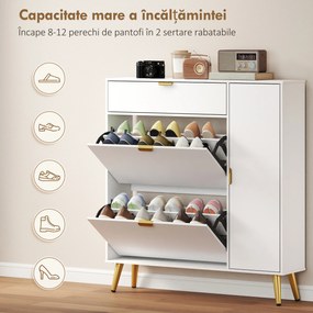 HOMCOM Dulap pentru Pantofi Slim cu Uși Rabatabile, Rafturi Reglabile, pentru 12 Perechi, Alb | Aosom Romania