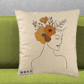 Perna Decorativa Portret Feminin Flori Galbene-Portocalii, 40x40 cm, Bej, Husa Detasabila, Perna Inclusa, BEKZ®