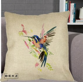 Perna Decorativa Colibri Acuarela, 40x40 cm, Crem, Husa Detasabila, Perna Inclusa, BEKZ®