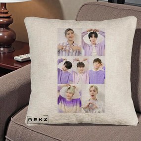 Perna Personalizata K-pop BTS Colaj 7 Portrete cu Inimi Lila, 40x40 cm, Bej Canapea, Husa Detasabila, Perna Inclusa, BEKZ®