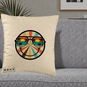 Perna Decorativa Smiley Face Retro Sunset Palmieri, 40x40 cm, Bej, Husa Detasabila, Perna Inclusa, BEKZ®