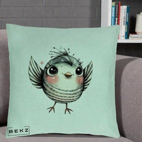 Perna Decorativa Pasare Gri cu Aripi si Inimioare, 40x40 cm, Verde Menta, Husa Detasabila, Perna Inclusa, BEKZ®