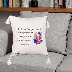 Cadou pentru Nasi - Perna Personalizata Dragii Nostri Nasi Multumim cu Flori Multicolore, 40x40 cm, Bej cu Franjuri, Husa Detasabila, Perna Inclusa, BEKZ®
