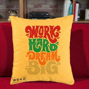 Perna Decorativa Work Hard Dream Big Retro, 40x40 cm, Galben, Husa Detasabila, Perna Inclusa, BEKZ®