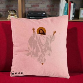 Perna Decorativa Iisus Hristos Invierea Silueta Minimalista, 40x40 cm, Roz, Husa Detasabila, Perna Inclusa, BEKZ®