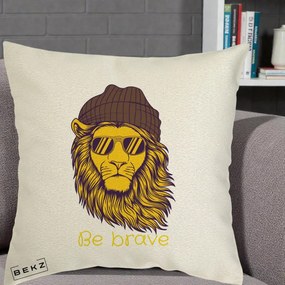 Perna Decorativa Leu Hipster Be Brave, 40x40 cm, Ecru, Husa Detasabila, Perna Inclusa, BEKZ®