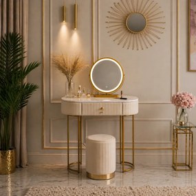 RESIGILAT- Set SARAH, Masă de toaletă pentru machiaj cu oglindă iluminată LED, control touch, sertar, taburet, 80x40x76 cm, Bej/Auriu