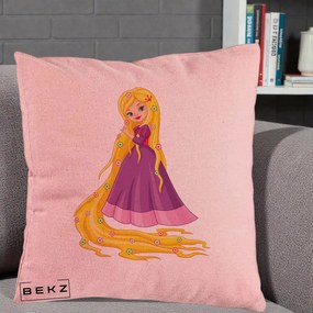 Perna Personalizata Rapunzel Par Lung Floral, 40x40 cm, Roz, Husa Detasabila, Perna Inclusa, BEKZ®