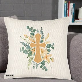 Perna Personalizata Cruce Florala Botez, 40x40 cm, Crem Reliefat, Husa Detasabila, Perna Inclusa, BEKZ®