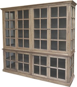Vitrină rustică din lemn, natur, cu 8 uși vitrate, 8 rafturi și laterale din sticlă, finisaj natural, 195 x 220 x 55 cm, „Marseille”