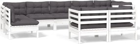 vidaXL Set mobilier de grădină cu perne, 9 piese, alb, lemn masiv pin