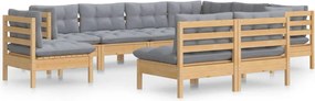 vidaXL Set mobilier de grădină cu perne gri, 9 piese, lemn masiv pin
