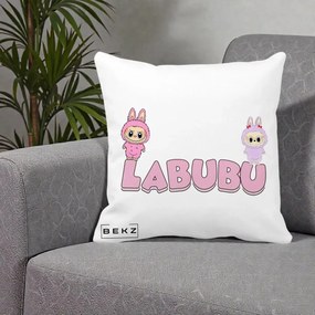 Perna Personalizata Labubu Duo Roz-Lila cu Text, 40x40 cm, Alba Mata, Husa Detasabila, Perna Inclusa, BEKZ®