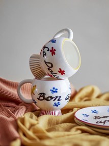 Set 4 căni din ceramică artizanală, pictate manual cu motive florale, păsări și inscripții mediteraneene, multicolor, 8.5×9 cm, „Lindsay"