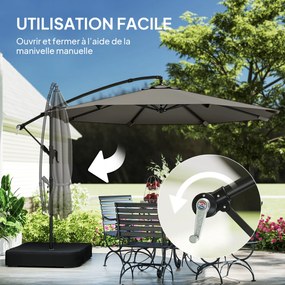 Outsunny Parasol cu braț lateral pentru grădină 300 cm cu bază în cruce, sac de nisip, parasol tip banană rotativ 360°, gri | Aosom Romania
