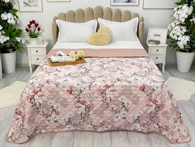 Cuvertura matlasata cu doua fete pentru pat dublu   210x210  Roz pudra  flori