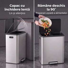 HOMCOM Coș de bucătărie 2 x 30 L, cu pedală, din oțel inoxidabil, găleți detașabile și capac soft-close, argintiu | Aosom Romania