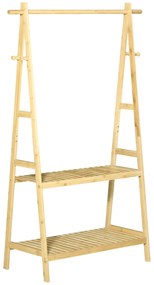 Suport pentru Umerase HOMCOM cu 2 Rafturi si 4 Carlige Laterale, Structura din bambus, 100L x 42l x 155lcm, Culoarea Lemnului