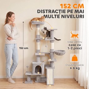 PawHut Stâlp de Zgâriat Per Pisici pe Mai Multe Niveluri Con 4 Stâlpi E Culcuș Gri Chiaro | Aosom Romania