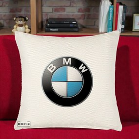 Perna Personalizata cu emblema BMW, 40x40 cm, Crem Reliefat, Husa Detasabila, Perna Inclusa, BEKZ®